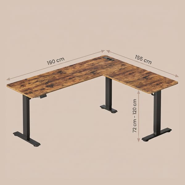 L-format hörnskrivbord, höj- och sänkbart | Brun | 190x155x72-120 cm