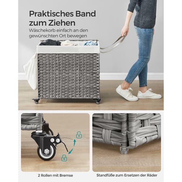 Grå tvättkorg med innerpåse - PP-plast - metallram - 70 x 36 x 66 cm