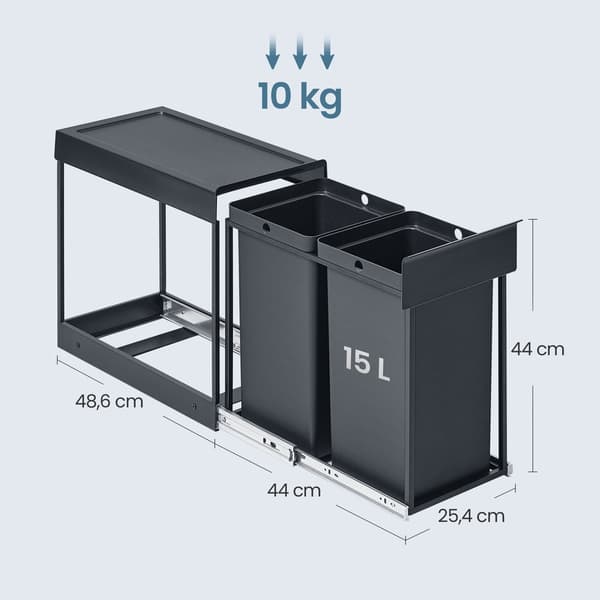 Kökssoptunna, sopsortering för underskåp, 2 x 15 liter | Grå | 48,6x29,2x44 cm