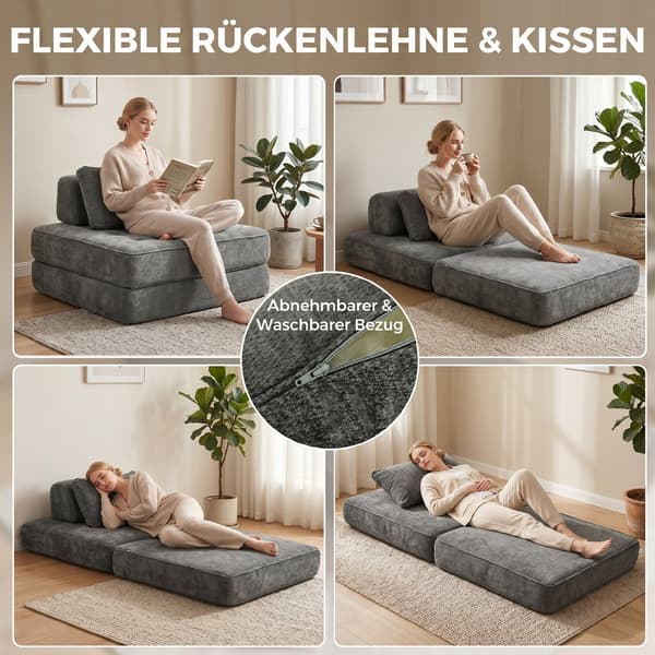 2-i-1 sovstol - Chenille bottensits | Färg: Grå | Mått: 97x97x70 cm