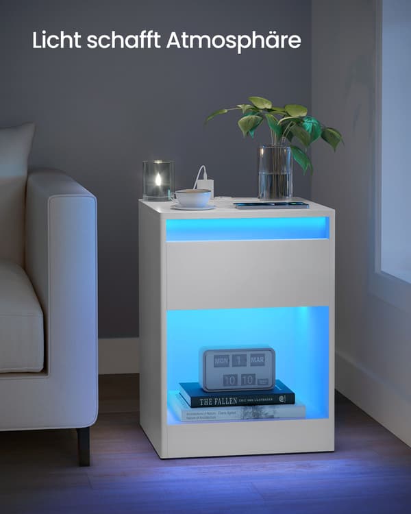 Vitt sängbord med LED - Modern design - 35 x 40 x 55 cm