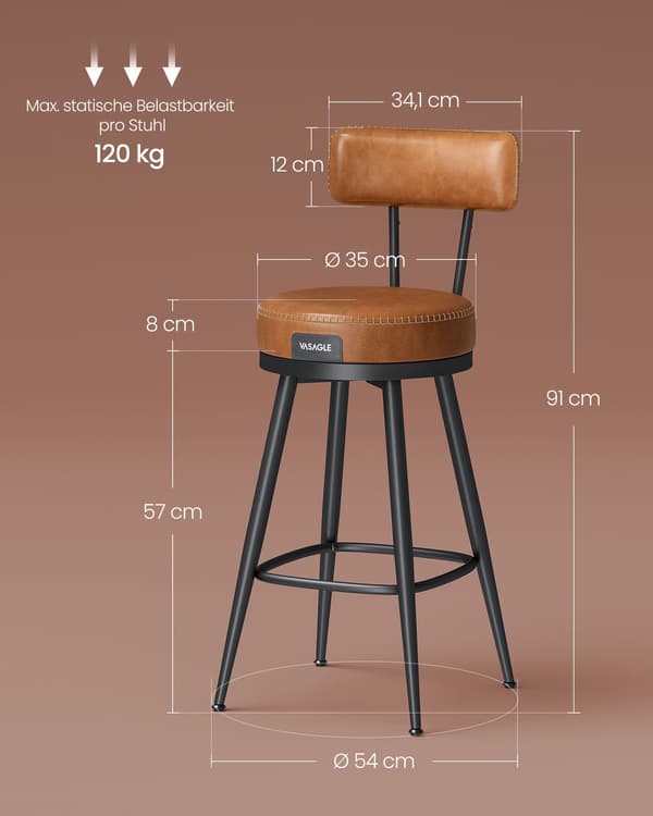 Barstolar set om 2 - PU konstläder - stålram - karamellbrun - 54 x 54 x 91 cm - 120 kg