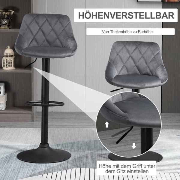2 justerbara barstolar i sammet, 360° vridbara | Färg: Grå | Mått: 46x48x83-104 cm