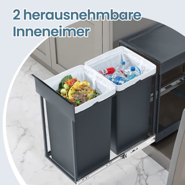 Kökssoptunna, sopsortering för underskåp, 2 x 15 liter | Grå | 48,6x29,2x44 cm