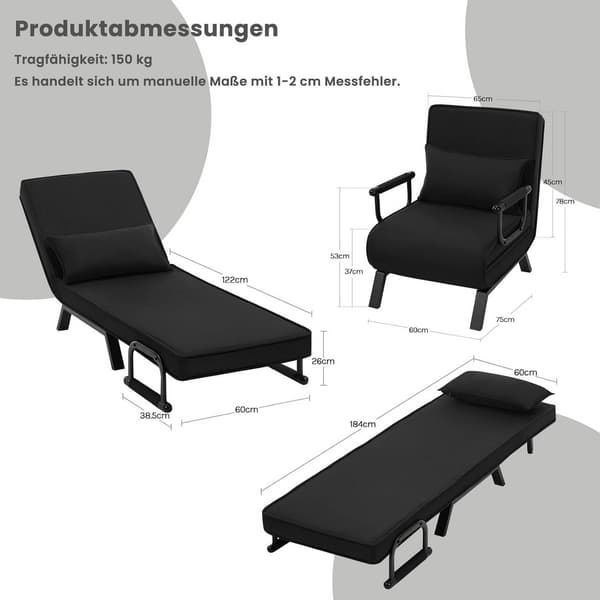 3-i-1 sovstol med justerbart ryggstöd, linne | Svart | 65x78x75 cm