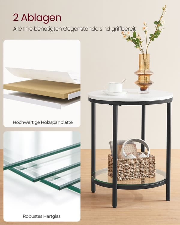 Sidobord 2 plan - vit marmorlook - svart stomme - 45 x 55 cm