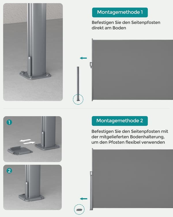 Grå utdragbar sidomarkis - infällbart solskydd - rostbeständigt - 1,8 x 3,5 m