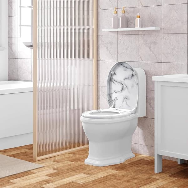 Toalettsits med soft close och snabbkoppling O-form | Vit marmor mönster