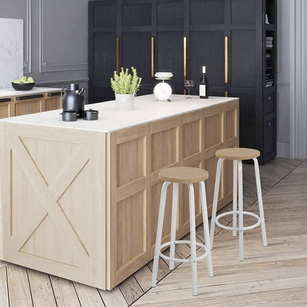 Barstol set om 2 MDF metall rund sits | Ljus ek | 30x30x71 cm