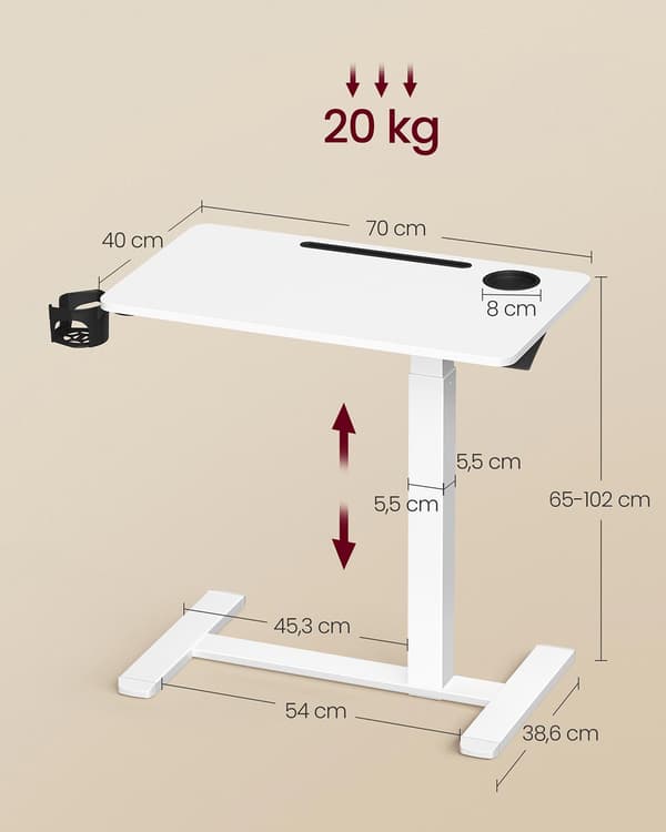 Justerbart mobilt sidobord - mobilt skrivbord - 70x40x(65-102)cm