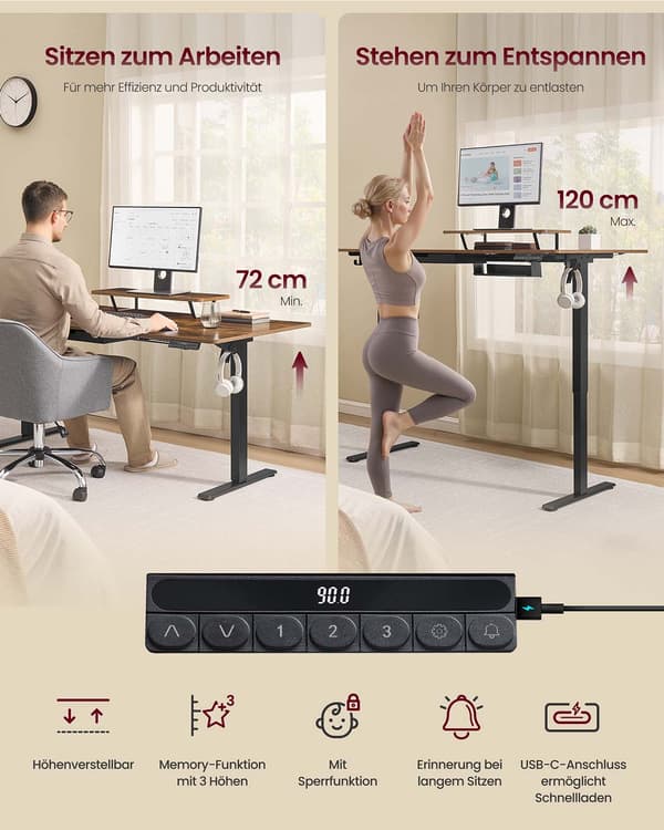 Höjdjusterbart skrivbord - elektrisk sittställning - USB - brun - 140 x 70 cm