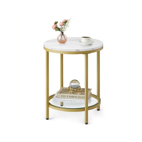 Sidobord 2 våningar marmorlook med svart bas | Marmor vit-ljus guld | 45x45x55 cm