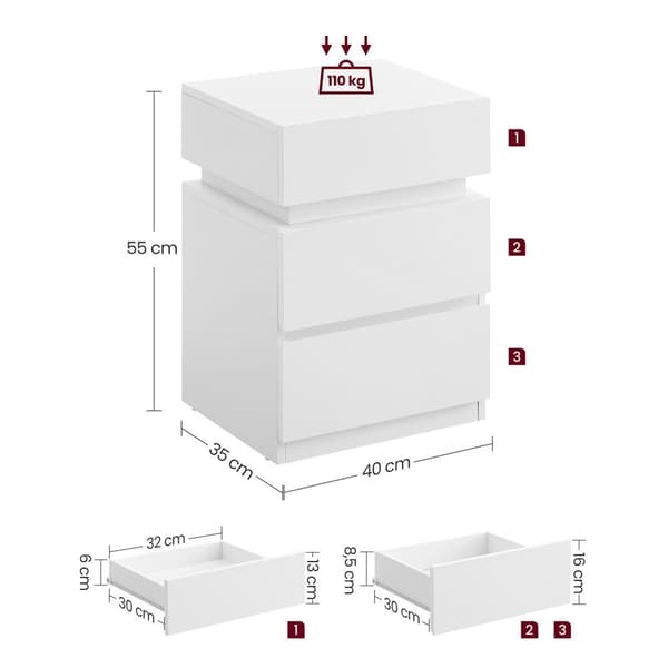 Sängbord med LED-belysning - Vit - 33,5 x 40 x 55 cm