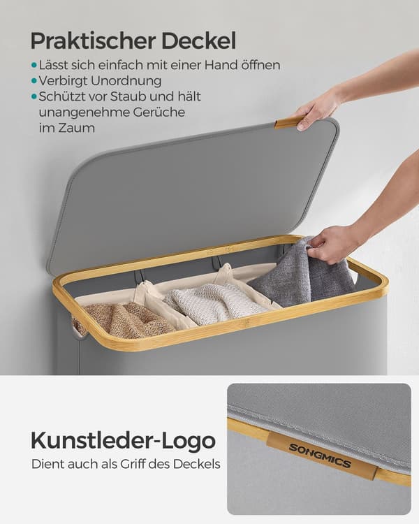 Vikbar tvättkorg ljusgrå - 600D Oxford - bambu - glasfiber - 60 x 38,5 x 70,5 cm