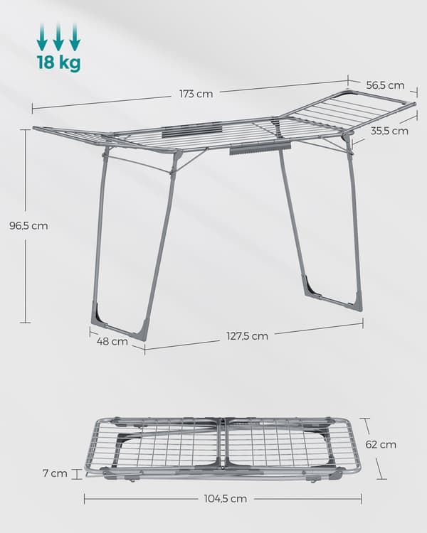 Torkställ i grått stål - hopfällbart - lätt - 56,5 x 173 x 96,5 cm