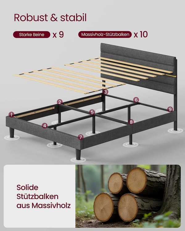 Grå sängram med linnelook, stål, robust, 202 x 146 x 110/116,5 cm