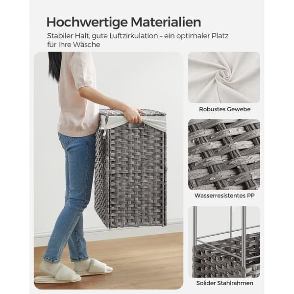Grå tvättkorg med innerpåse - PP-plast - metallram - 70 x 36 x 66 cm