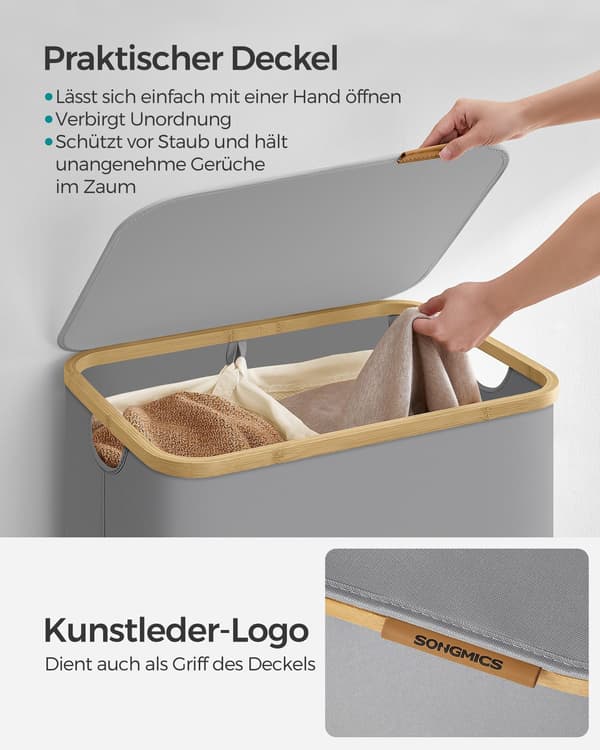 Ljusgrå tvättkorg - 600D Oxford - bambu - 52 x 38,5 x 70,5 cm