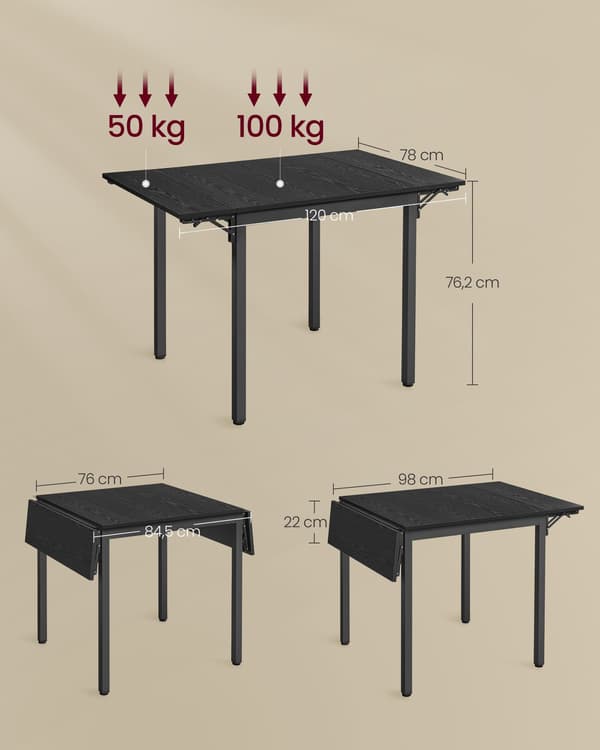 Fällbart matbord, platsbesparande - 78 x 120 x 76,2 cm - Svart