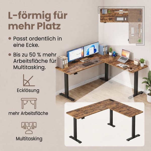 L-format hörnskrivbord, höj- och sänkbart | Brun | 190x155x72-120 cm