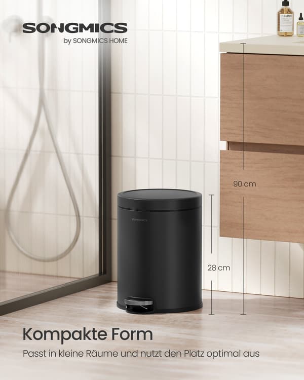 6 liters soptunna för badrum med soft close lock | Bläcksvart | 20,5x26x28 cm