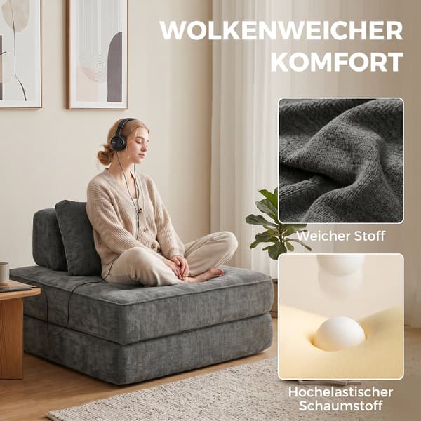 2-i-1 sovstol - Chenille bottensits | Färg: Grå | Mått: 97x97x70 cm