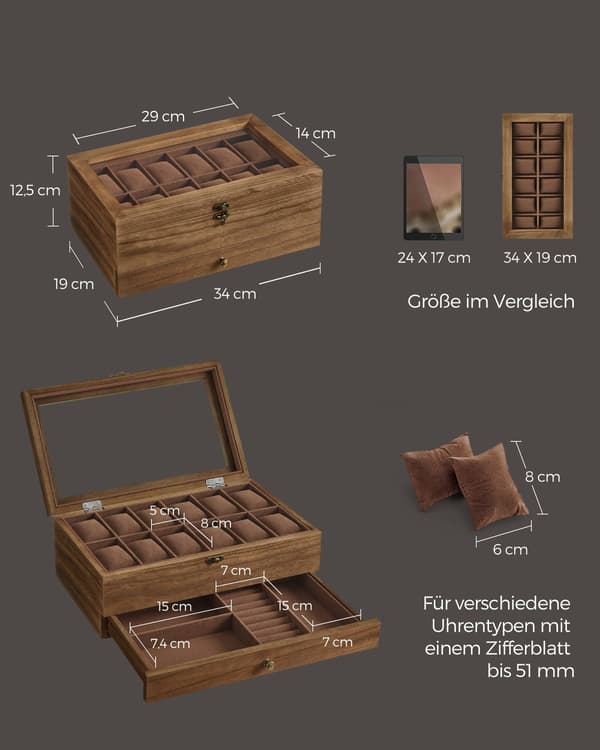 Trälåda - förvaringsväska - displaylåda - massiv valnöt - 36 x 20 x 8,5 cm