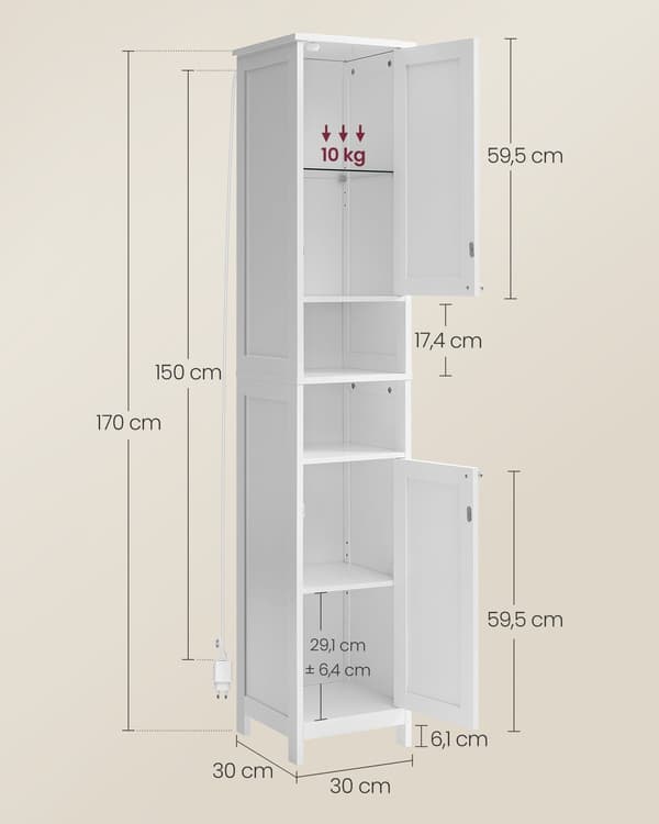 Badrumsskåp med belysning - MDF - 30 x 30 x 170 cm - vit