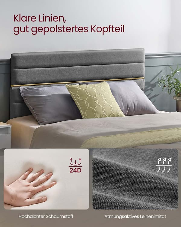 Grå sängram - linnelook - stålram - 202 x 140 x 110/116,5 cm