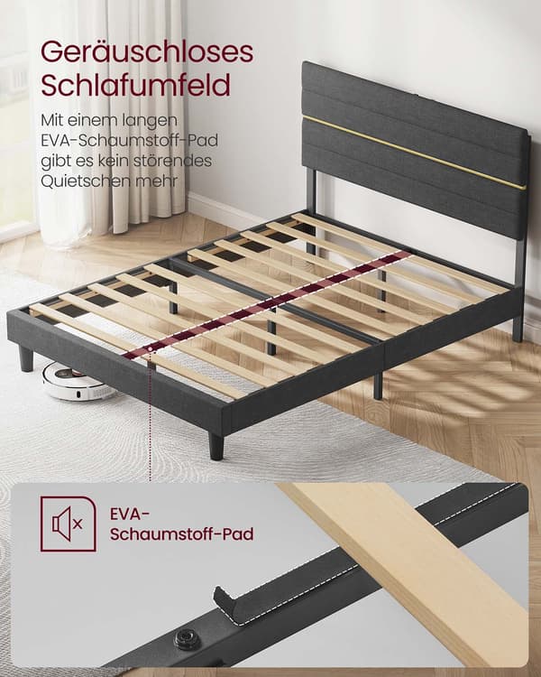 Grå sängram - linnelook - stålram - 202 x 140 x 110/116,5 cm
