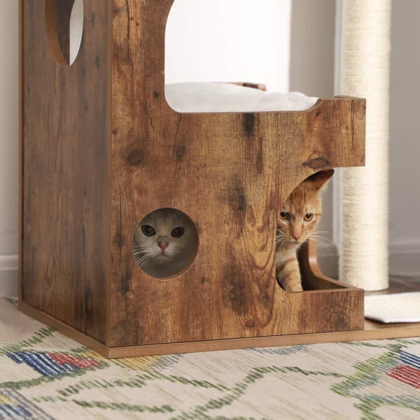 Kattskrapstolpe med katthus, sisal, vit/brun - 66 x 42 x 88 cm