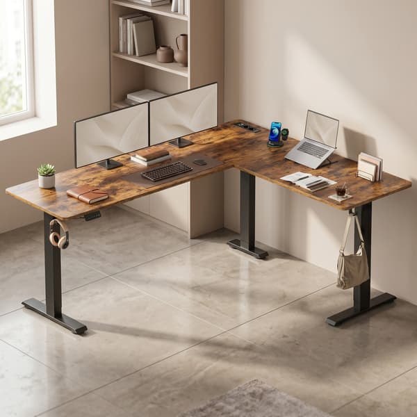 L-format hörnskrivbord, höj- och sänkbart | Brun | 190x155x72-120 cm