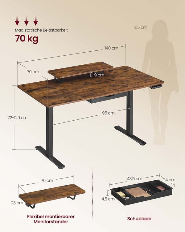 Höjdjusterbart skrivbord - elektrisk sittställning - USB - brun - 140 x 70 cm
