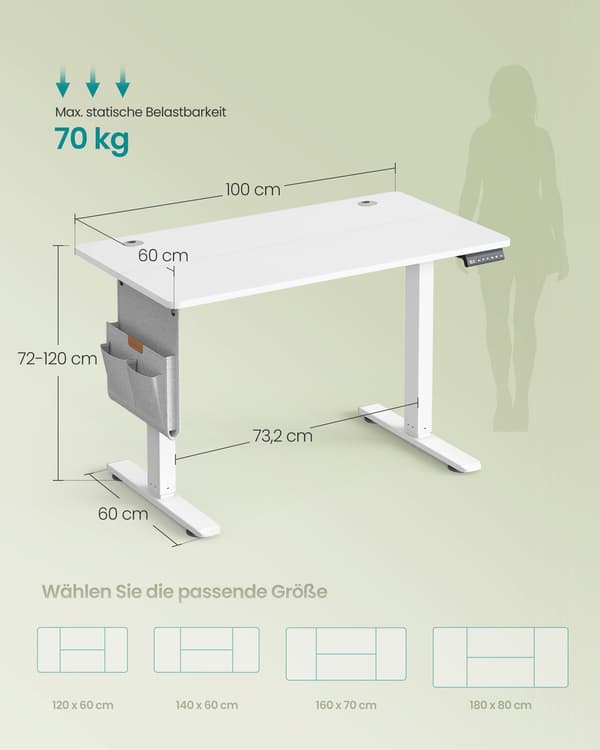 Elektriskt justerbart skrivbord | Moln vit | 100x60x72-120 cm