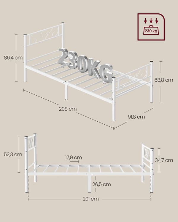 Sängstomme i metall 90x200 cm - robust, matt vit, lätt att montera