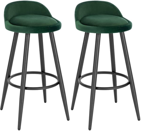 Set med 2 barstolar med sammetsfotstöd | Mörkgrön | 37,5x34x78,5 cm