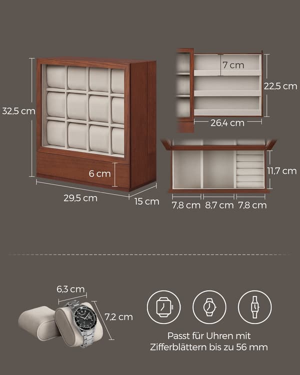Klocklåda - Klockorganisatör - MDF, sammet, akryl - 15 x 29,5 x 32,5 cm