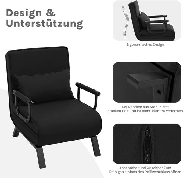 3-i-1 sovstol med justerbart ryggstöd, linne | Svart | 65x78x75 cm