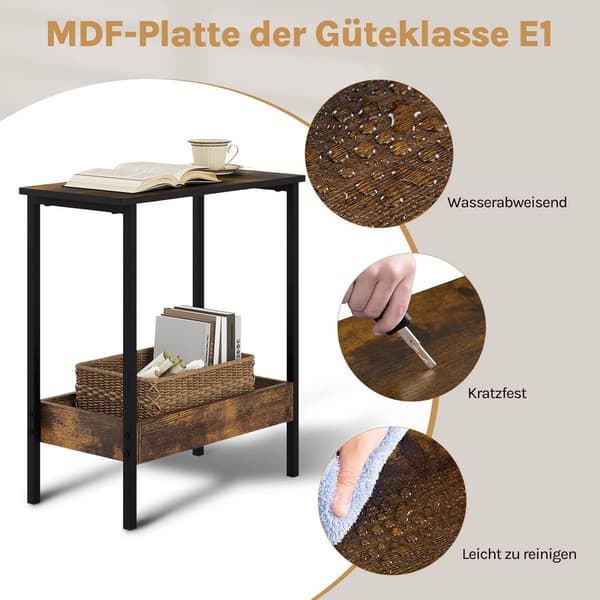 Sidobord med 2 plan av metall och trä | Rustik brun | 50x25x55 cm
