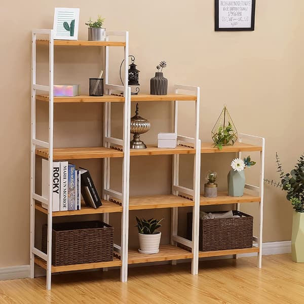 Förvaringsställ i bambu - köksskåp - vit/beige - 5 våningar - 45 x 31,5 x 142 cm