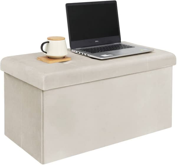 Hopfällbar soffa med förvaringsutrymme och sammetssits | Gräddvit | 76x37,5x38 cm