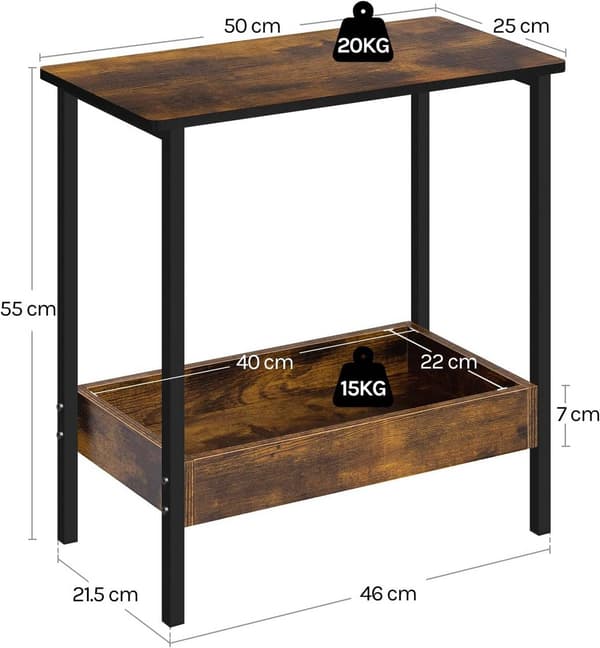Sidobord med 2 plan av metall och trä | Rustik brun | 50x25x55 cm