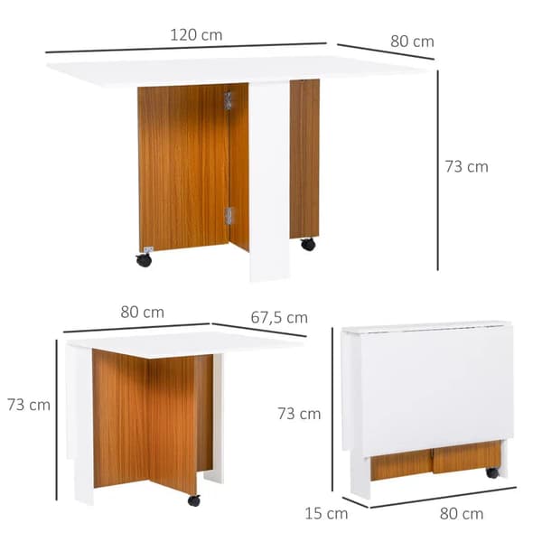 Fällbart matbord - Fällbart bord på hjul | Färg: Teak + vit | Mått: 80x120x73 cm