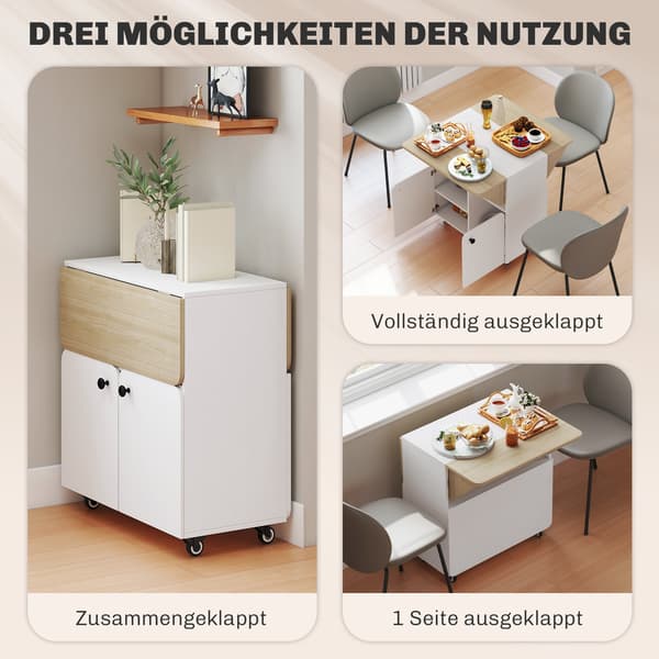 Fällbart rullbordsskåp - Dubbelt fällbart bord | Färg: Vit, brun | Mått: 83x70x75 cm