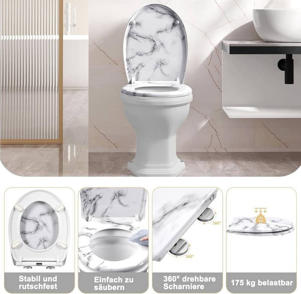 Toalettsits med soft close och snabbkoppling O-form | Vit marmor mönster