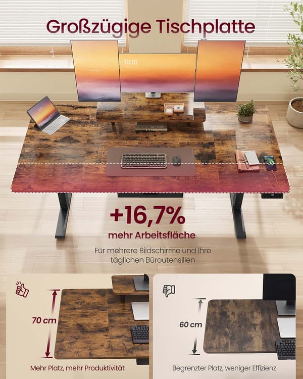 Höjdjusterbart skrivbord - elektrisk sittställning - USB - brun - 140 x 70 cm