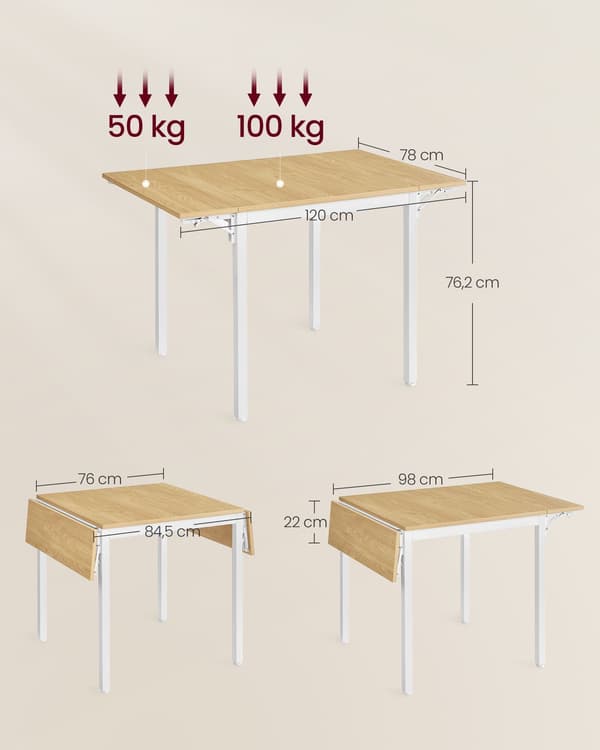 Utfällbart matbord för 2-4 personer - spånskiva/stål - 78 x 120 x 76,2 cm