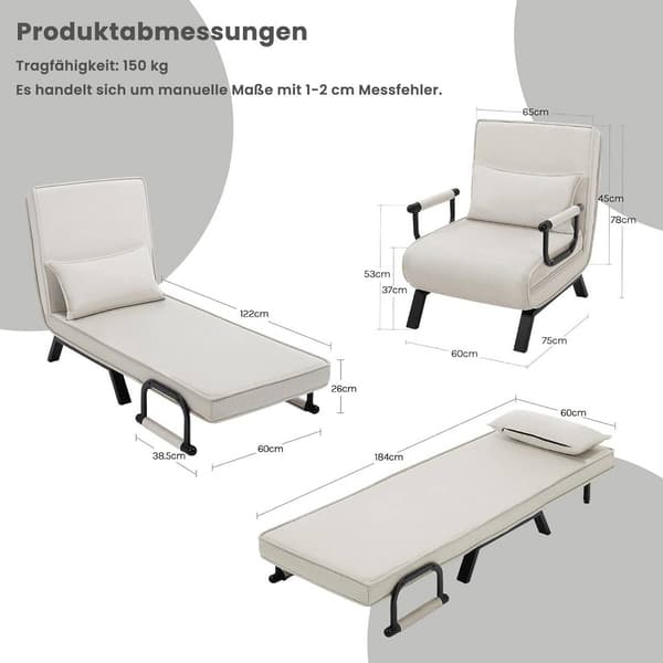 3-i-1 sovstol med justerbart ryggstöd | Beige | 65x78x75 cm
