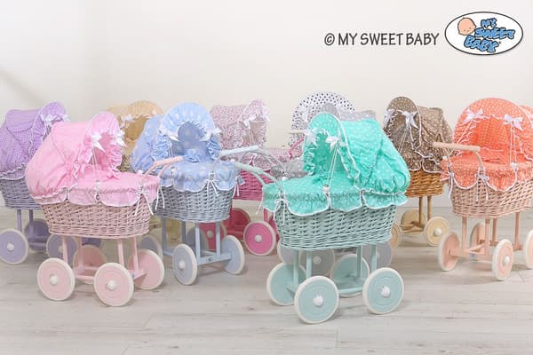 Wicker Doll Trailer - Wicker Buggy - Handmased and Ecological, With Mint Bedding - White