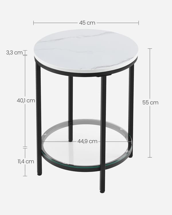 Sidobord 2 plan - vit marmorlook - svart stomme - 45 x 55 cm